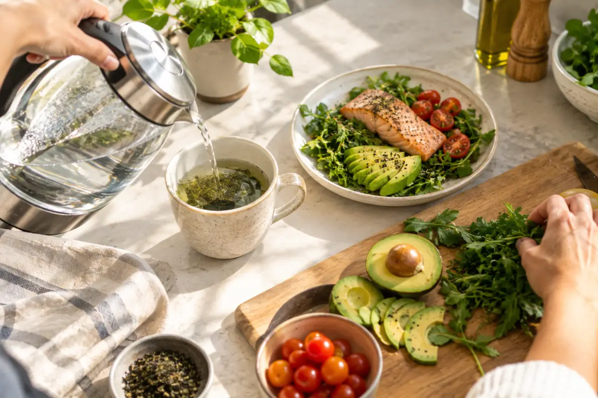 Green tea and a blood-sugar-friendly meal of salmon, avocado, and greens being prepared
